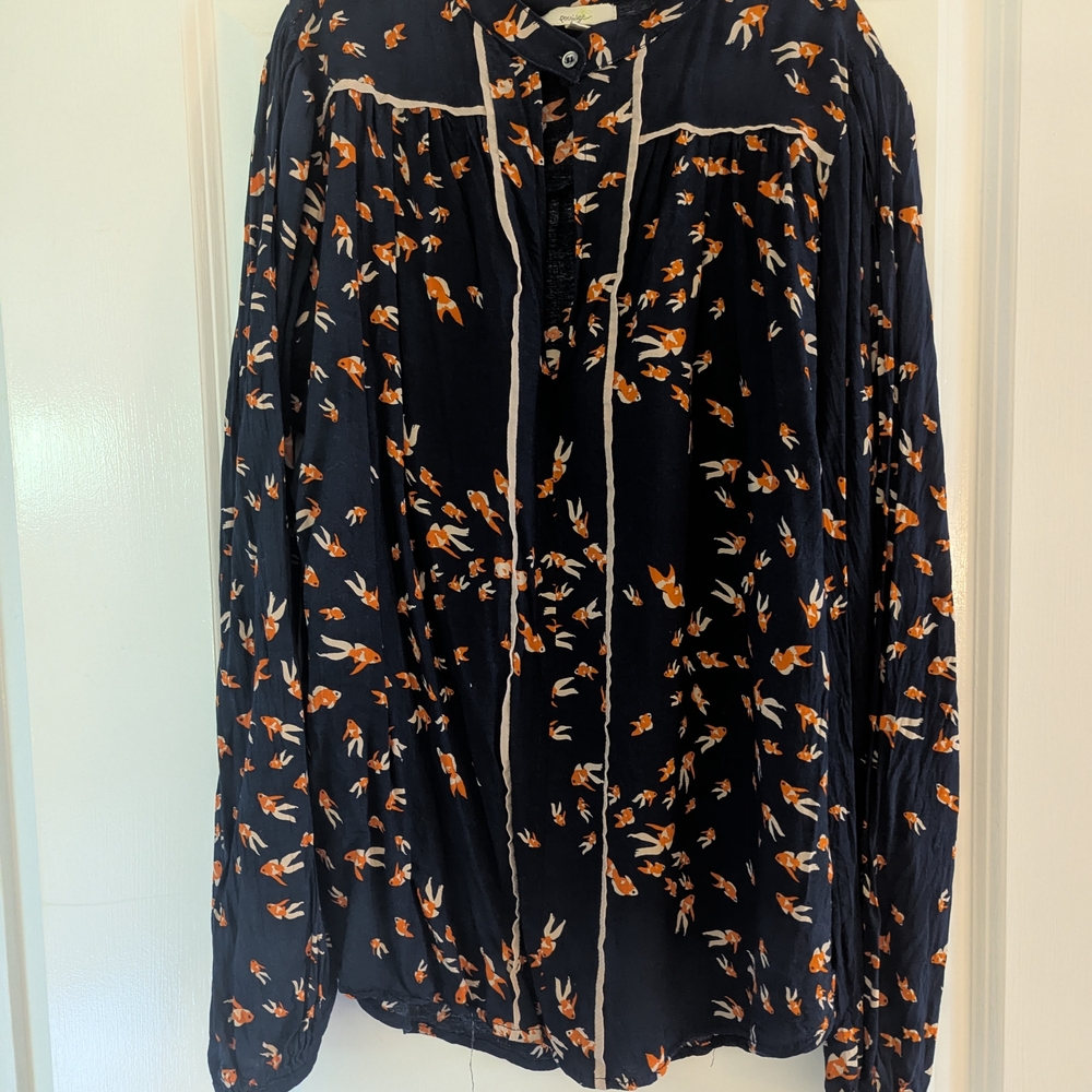 Blue and Black Relaxed Long Sleeve Blouse with Mandarin Collar